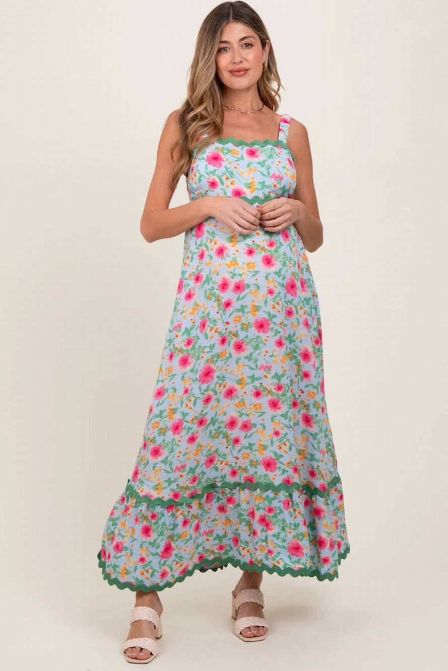 NEW EASEL rayon ric rack midi dress in blue floral